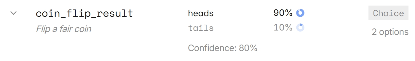 Screenshot of a Jev response. Key coin_flip_result, instruction 'Flip a fair coin'. Output: heads 90%, tails 10%. Confidence: 80%. Primitive type: Choice, 2 options.