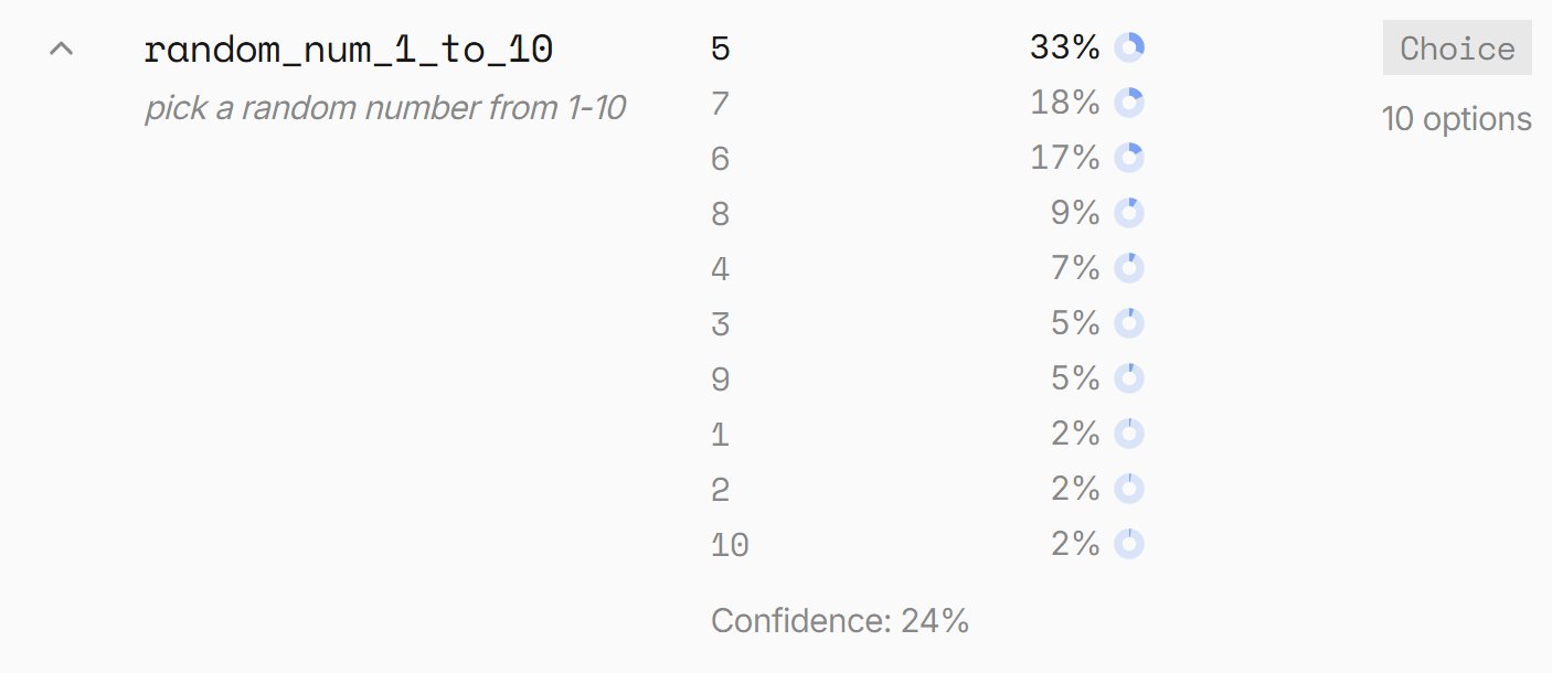 Screenshot of a Jev response. Key random_num_1_to_10, instruction 'pick a random number from 1-10'. Output distribution: 5 at 33%, 7 at 18%, 6 at 17%, 8 at 9%, 4 at 7%, 3 at 5%, 9 at 5%, 1 at 2%, 2 at 2%, 10 at 2%. Confidence: 24%. Primitive type: Choice, 10 options.